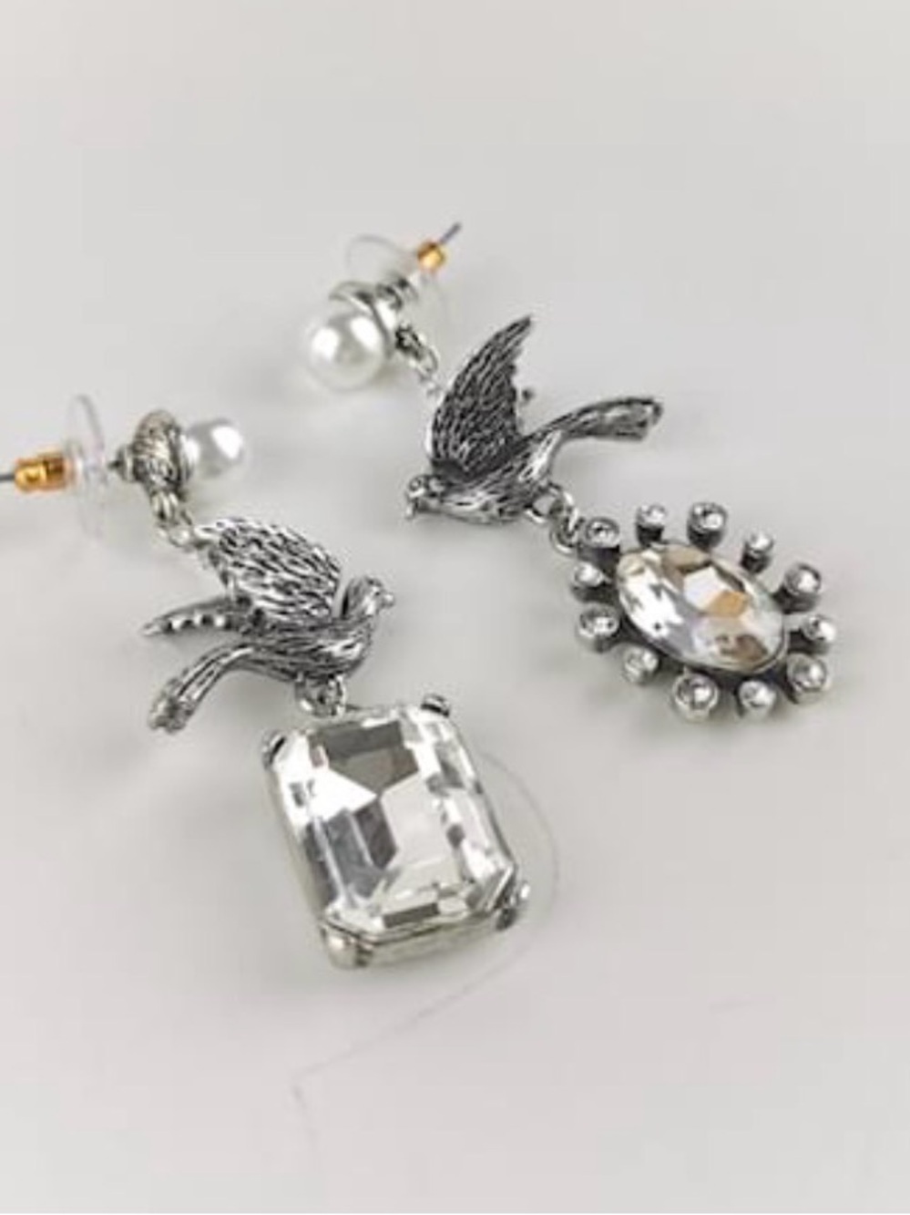 Oscar de la Renta Silver Bird Drop Earrings with White Pearls and Clear Crystals